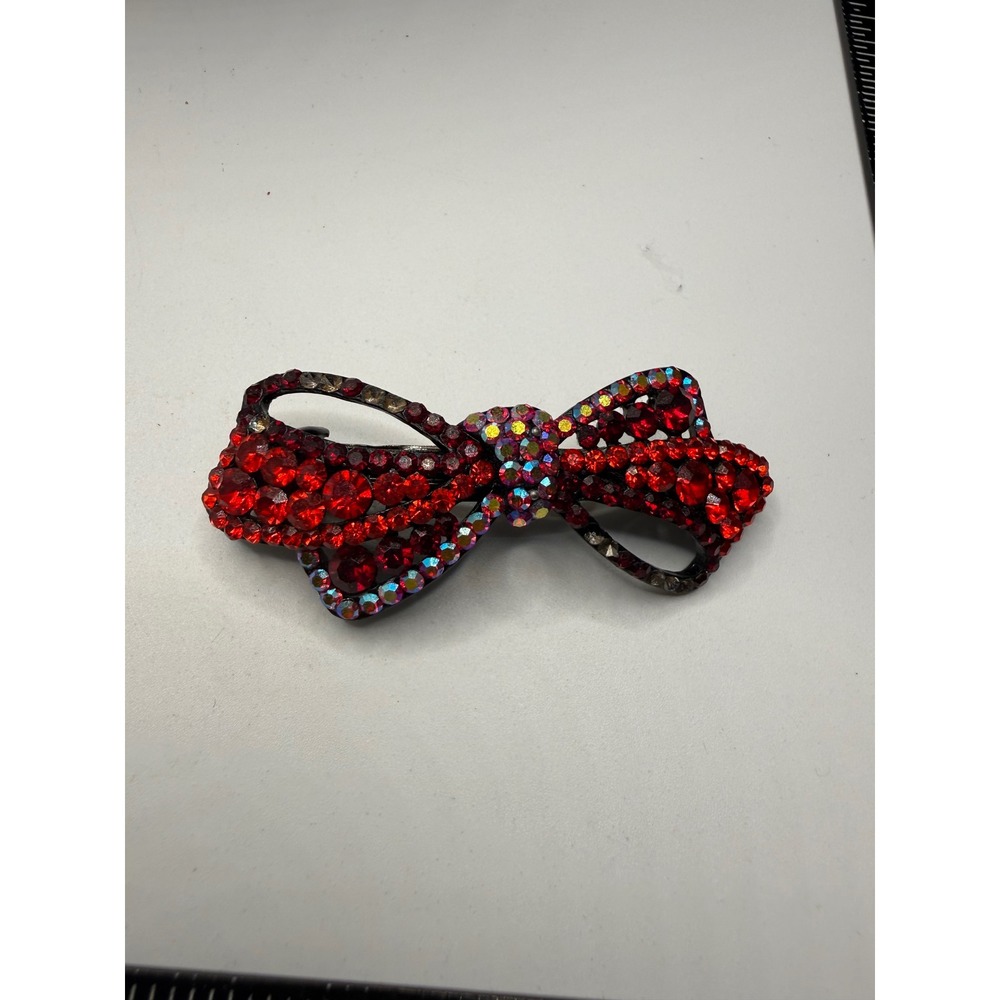 Red Rhinestone Bow Hair Clip‎ Barrette Gunmetal Tone Aurora Borealis Sparkly